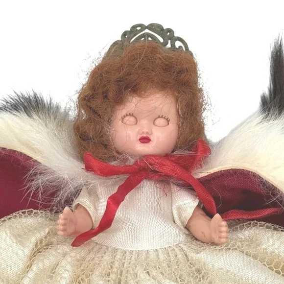 Vintage 40s Sleep Eye Doll Toy Red Fur Trim Cape Crown Victorian Christmas Decor - Picture 8 of 10